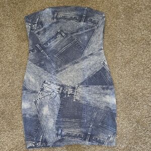 H&M Blue Denim Pattern Strapless Dress